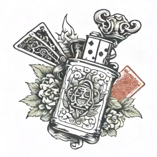 An old lighter surrounded by a wreath of playing cards tattoo design idea