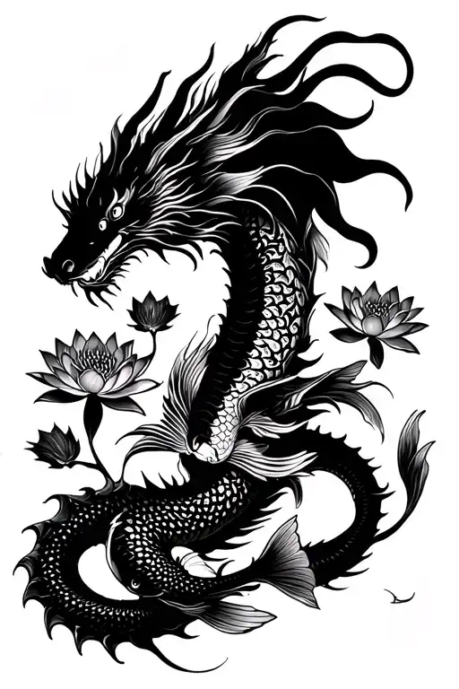 large Chinese sea dragon, 5 koi fish, water lillies, and water thigh tattoo tattoo design idea