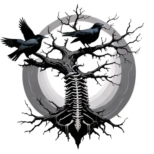 cyber spine tattoo featuring a dead tree with crows tattoo design idea