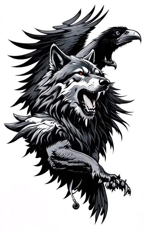 angry wolf and raven soaring tattoo design idea