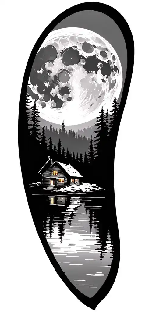 moon over Forest skyline, a frame cabin on lake tattoo design idea