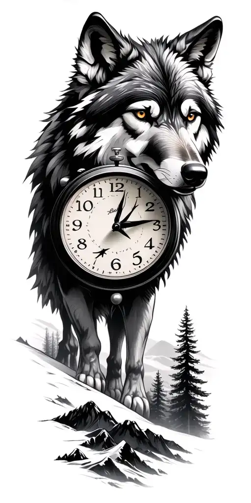alpha male wolf merged with time clock, mountains filled with trees tattoo design idea
