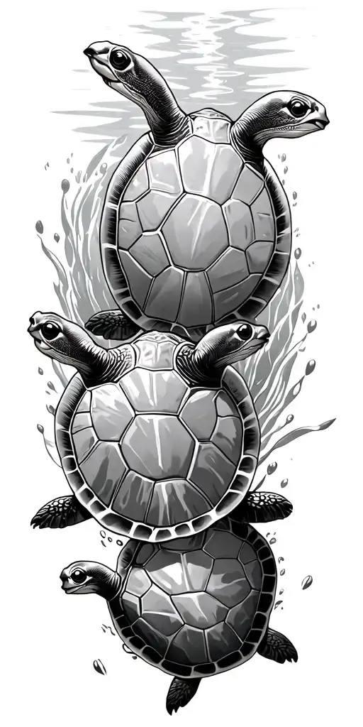 5 turtles (3 adults + 2 small) swimming tattoo design idea
