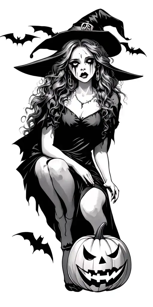 pretty witch that is crying with bats and jack o lantern  tattoo design idea