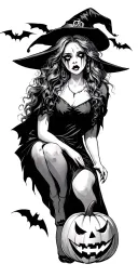 pretty witch that is crying with bats and jack o lantern  tattoo design idea