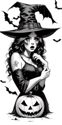 pretty witch that is crying with bats and jack o lantern  tattoo design idea
