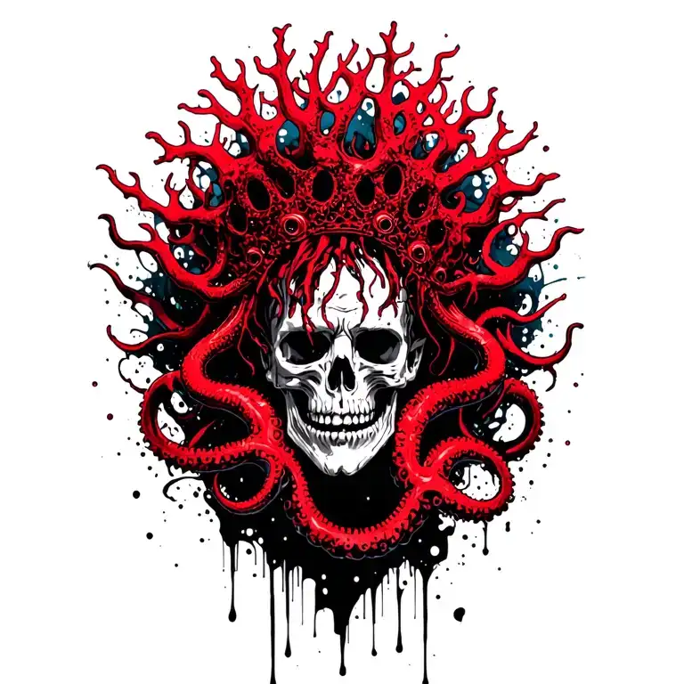 King Of Bones With A Coral Crown, Hades 2 Style, Eldritch, Tentacles, Lovecraftian, Deep Sea tattoo design idea