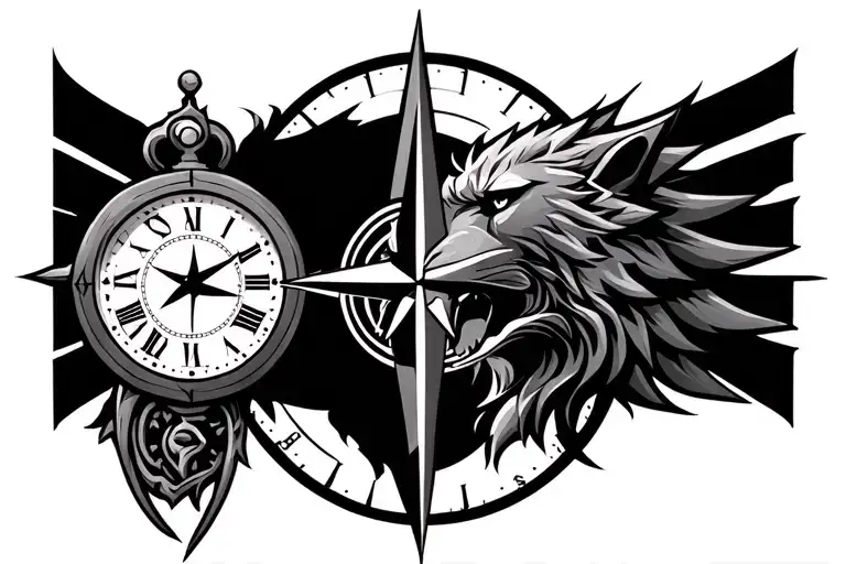 true north compass, broken clock, lions head, knight templar tattoo design idea