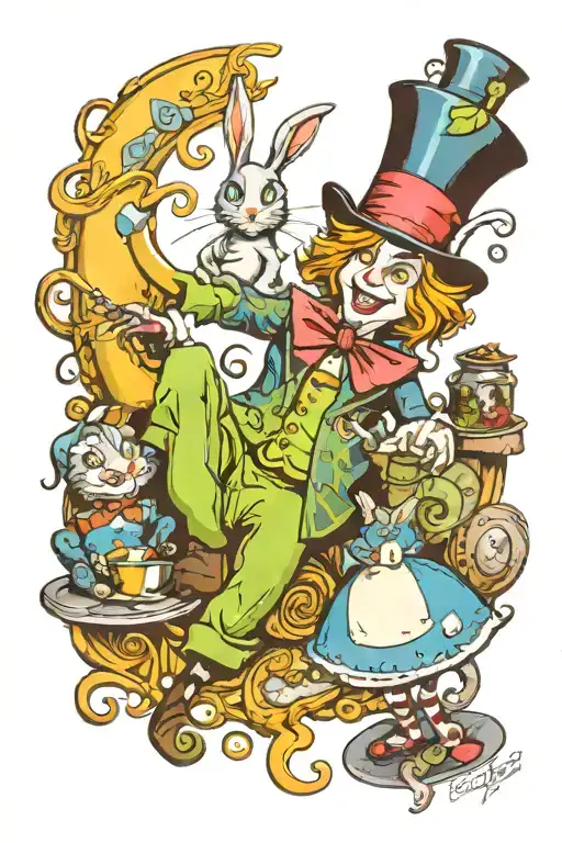 an Alice in Wonderland tattoo, that includes Alice, the rabbit, the Mad Hatter and the Cheshire Cat, all in full color, tattoo design idea