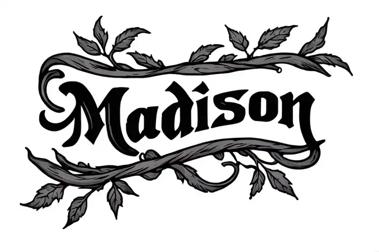 My wifes name "Madisson" written and wrapped in vines tattoo design idea