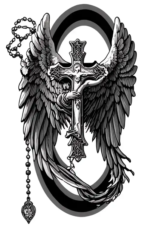 rosary wrapping around forearm, ending with the cross. and a pair of expanded wings (1 angelic, 1 demonic) tattoo design idea