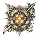 cross with john 13:34 written vertically in it with sun rays and water in the background  tattoo design idea