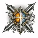 cross with john 13:34 written vertically in it with sun rays and water in the background  tattoo design idea