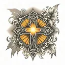 cross with john 13:34 written vertically in it with sun rays and water in the background  tattoo design idea