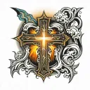 cross with john 13:34 written vertically in it with sun rays and water in the background  tattoo design idea