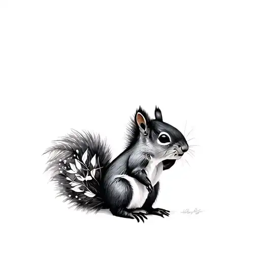 black and white, squirrel with leaves pattern tattoo design idea