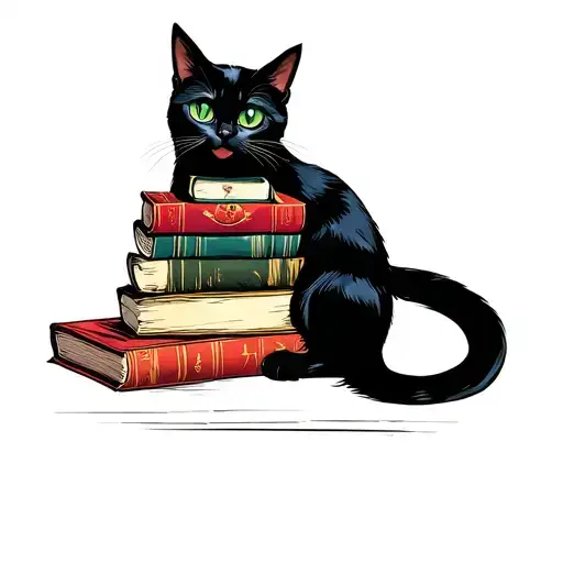 black cat green eyes full body sitting in 5 books tattoo design idea