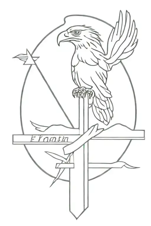 Cross with name and eagle perched tattoo design idea