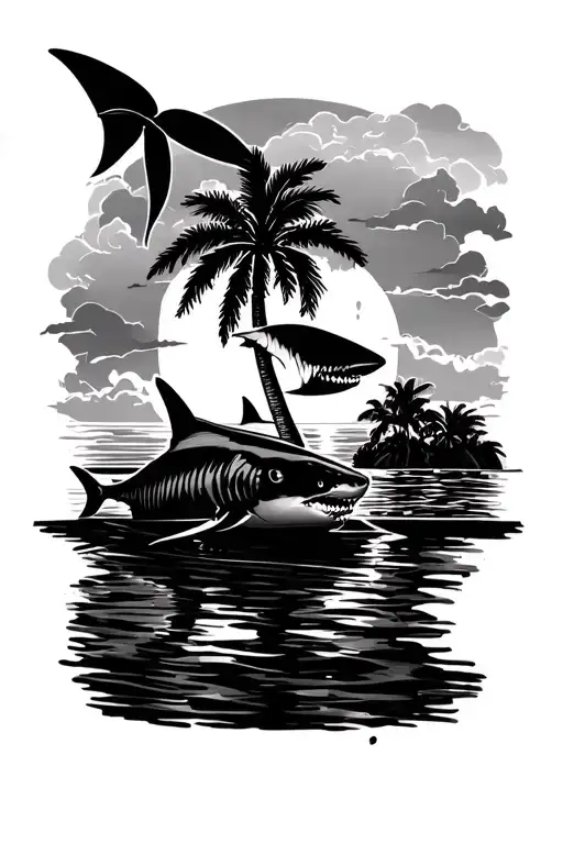 sunrise palm tree shark tattoo design idea