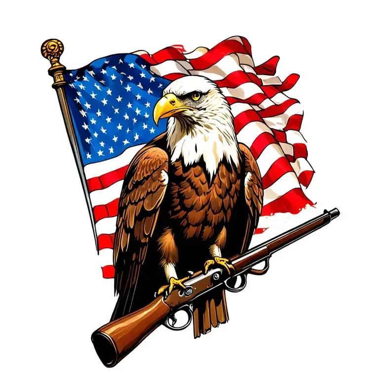 A patriotic bald eagle perched on an old musket with an American flag in the background. tattoo design idea