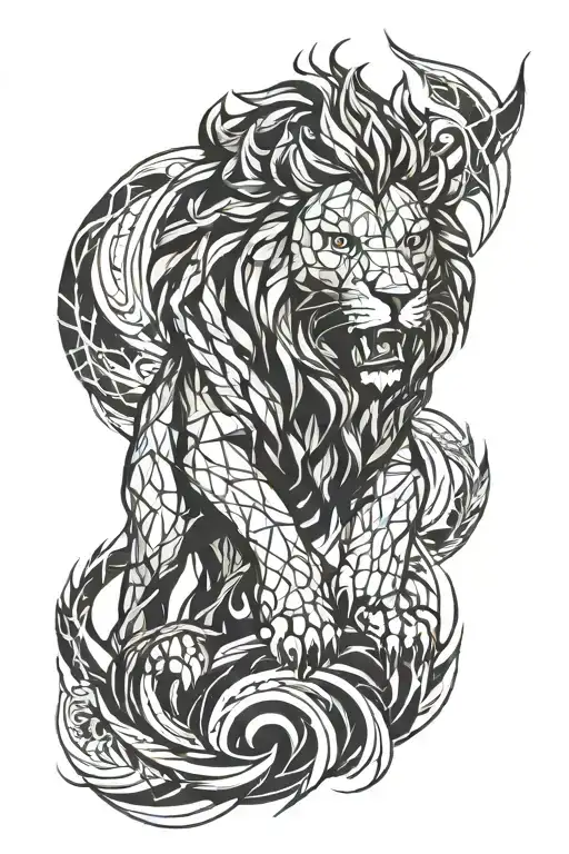 fierce lion jumping out of the flames of hell fire tattoo design idea