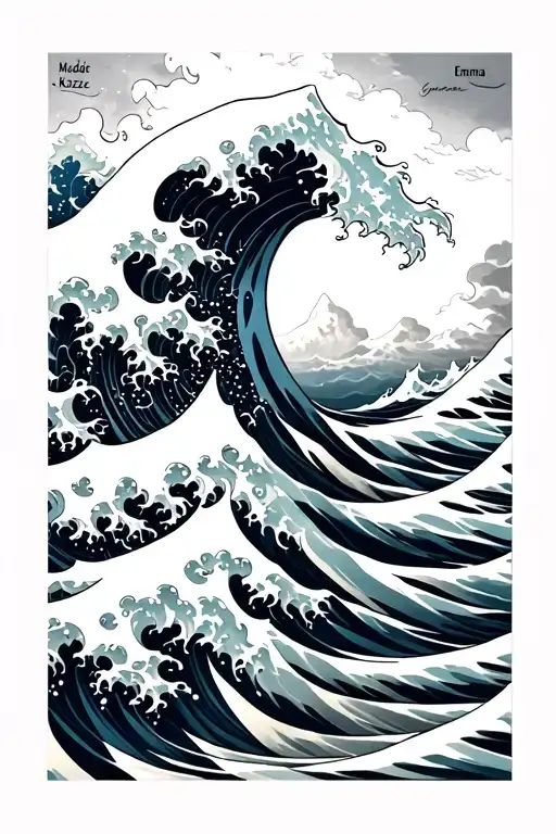 I'm looking for imagery like great wave off of kawagawa incorporating 4 daughter names Maddie Kenzie Emma georgia tattoo design idea