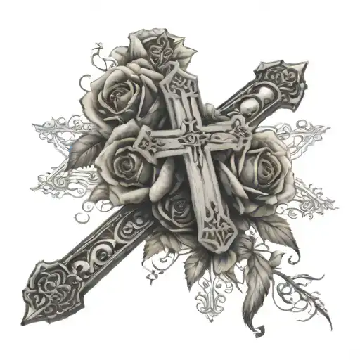 arm tattoo with a cross with roses with psalms 46:5 tattoo design idea