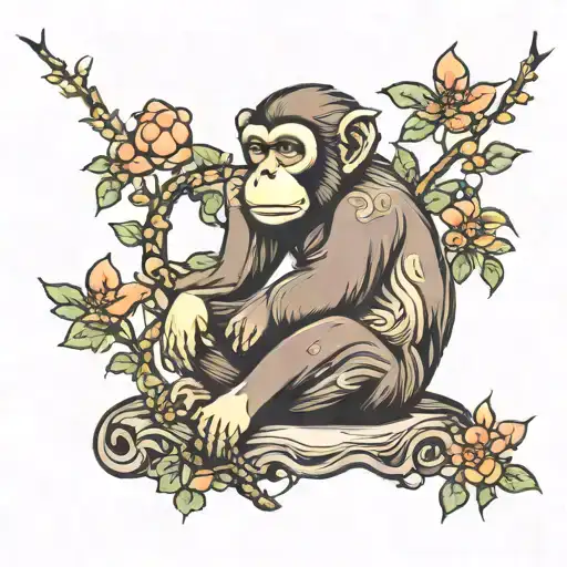 monkey sage sitting beneath a heavenly peach tree  tattoo design idea
