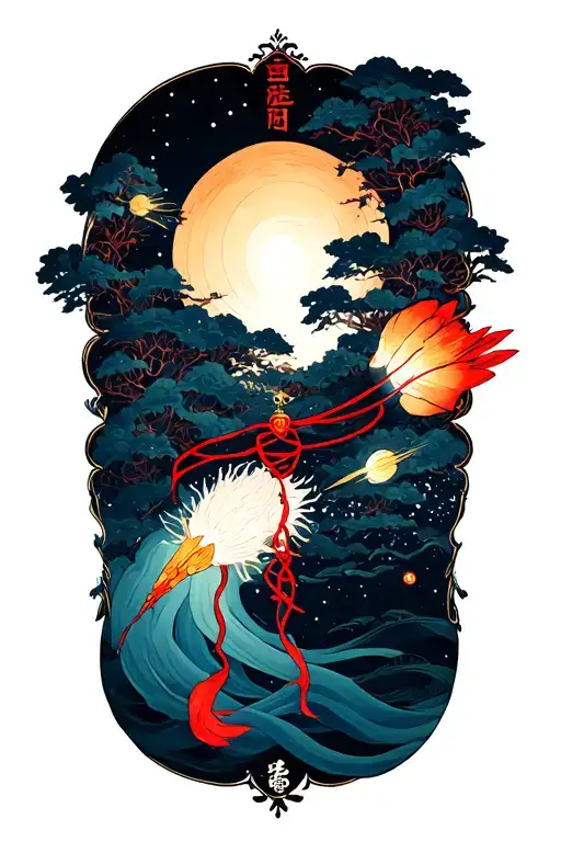 Red string of fate with meteors tattoo design idea