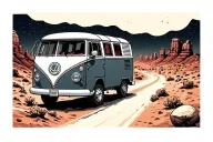 “Astrovan Road Trip” Scene	•	A small vintage van driving toward a stylized Red Rocks silhouette under a starry sky. tattoo design idea