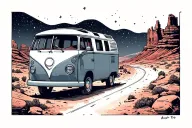 “Astrovan Road Trip” Scene	•	A small vintage van driving toward a stylized Red Rocks silhouette under a starry sky. tattoo design idea