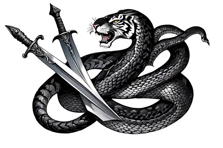 Tiger, snake and sword on the shoulder tattoo design idea