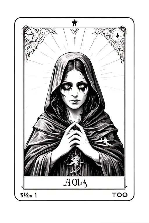 woman with white out eyes  creepy with cloak tarot card tattoo design idea
