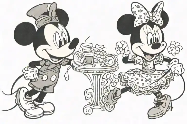 Mickey Mouse wearing blood red dress shit with black in black suit Minnie Mouse wearing a blood red tight cocktail dress tattoo design idea
