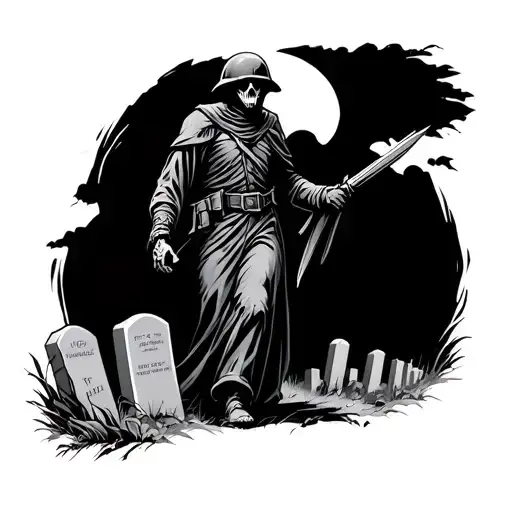 Grim Reaper in an Army helmet and uniform walking in a graveyard  tattoo design idea
