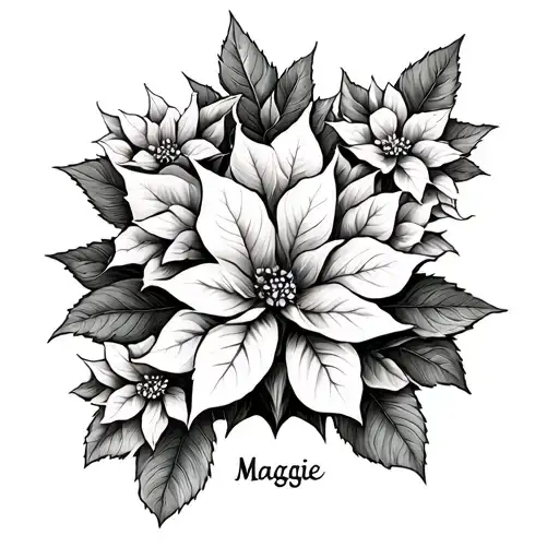 money tree and poinsettia flowers mixed in design with the name Maggie on the wrist  tattoo design idea