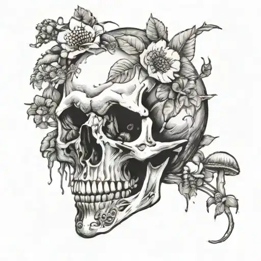 skull with mushrooms and flowers growing out of it tattoo design idea