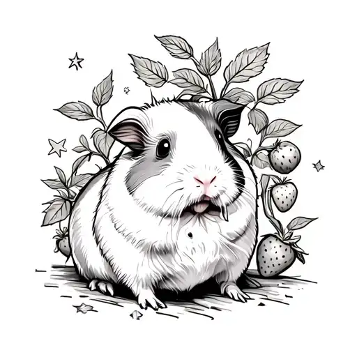 A guinea pig surrounded by strawberry plants, some strawberries on the plant, with little stars as a detail around the g tattoo design idea