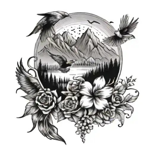 flowers mountain birds life water trip fire party music love tattoo design idea