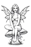 wicked fairy sitting on a mushroom with tattered wings, leg wrappings, raised eyebrow, grin tattoo design idea