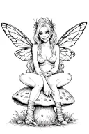 wicked fairy sitting on a mushroom with tattered wings, leg wrappings, raised eyebrow, grin tattoo design idea