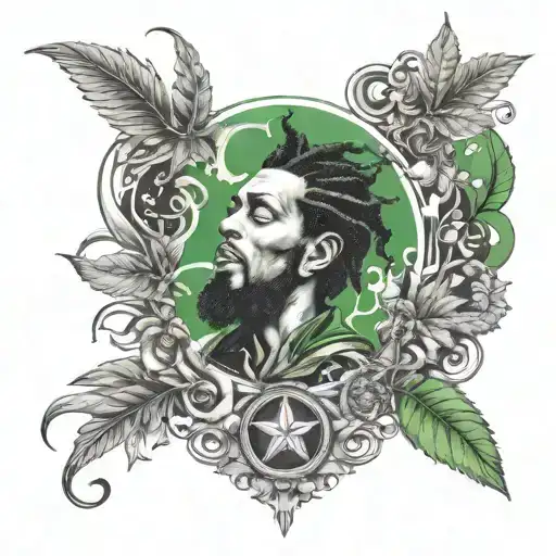 Arm sleeve Jamaica weed money such figure music notes stars smoke. Less green shading tattoo design idea