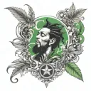 Arm sleeve Jamaica weed money such figure music notes stars smoke. Less green shading tattoo design idea