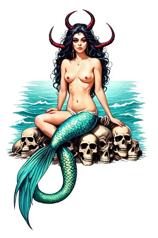 evil mermaid topless sitting on a pile of skulls with ocean background in a pinup girl style tattoo design idea