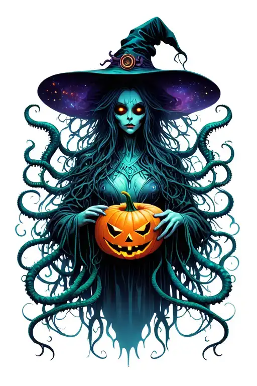 cyber witch holding jack-o'-lantern, tentacles, space, eldritch tattoo design idea