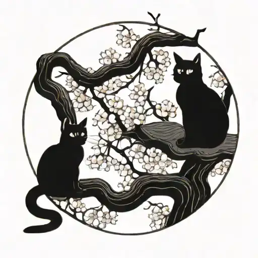 two cat silhouettes in cherry blossom tree black tattoo design idea