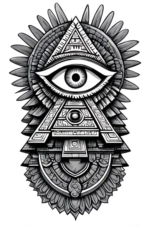 Aztec pyramid with 3rd eye symbol integrated tattoo design idea