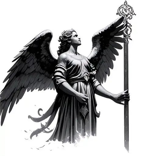 warrior angel holding standing tall and looking up to heaven  tattoo design idea