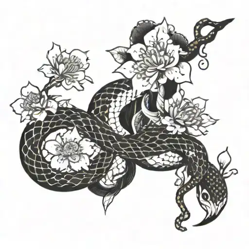 only three Japanese faces of sakura and a snake tattoo design idea