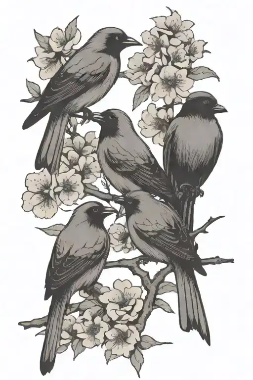 sideways skinny spooky scary cherry branch with minimal blossoms black and grey four solid black birds sitting on branch tattoo design idea